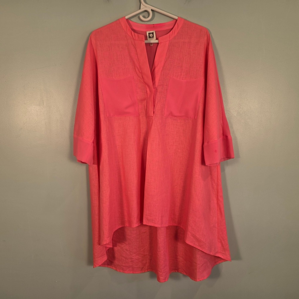Anne Klein Women Coral Pink High Low Tunic Top 3/4 Sleeve Pockets L 502MDJ8817C